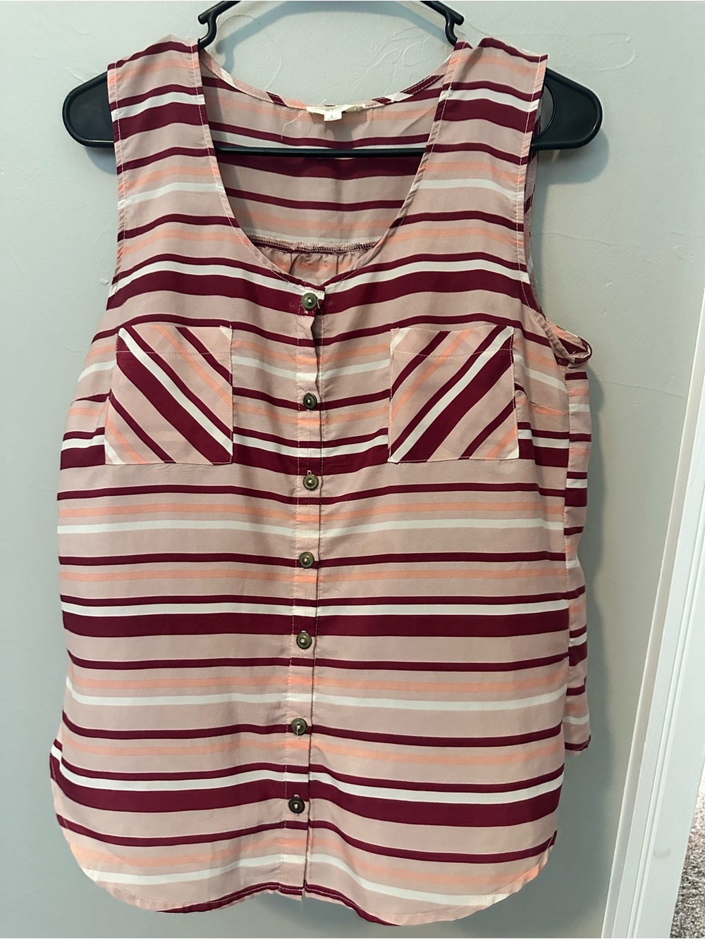 mine Striped Button-Front Sleeveless Tank in Burgundy and Blush